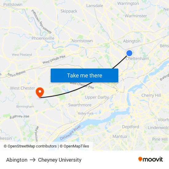 Abington to Cheyney University map