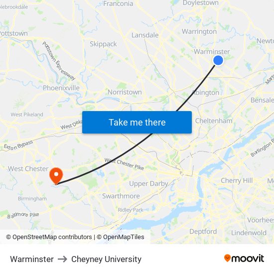 Warminster to Cheyney University map