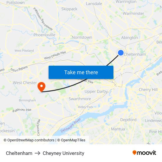 Cheltenham to Cheyney University map