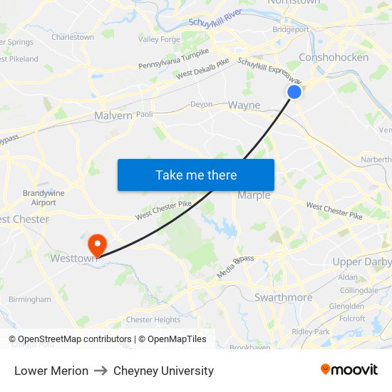 Lower Merion to Cheyney University map