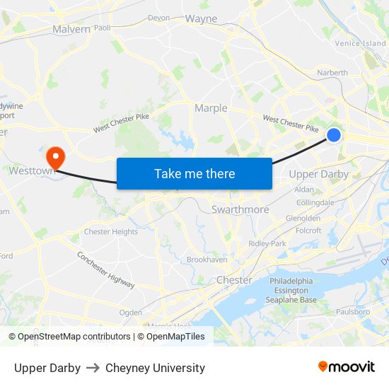 Upper Darby to Cheyney University map
