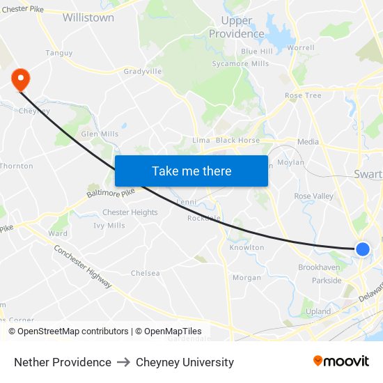 Nether Providence to Cheyney University map