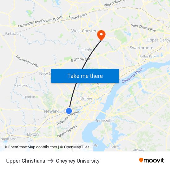 Upper Christiana to Cheyney University map