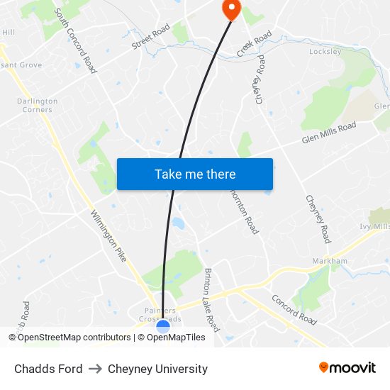 Chadds Ford to Cheyney University map