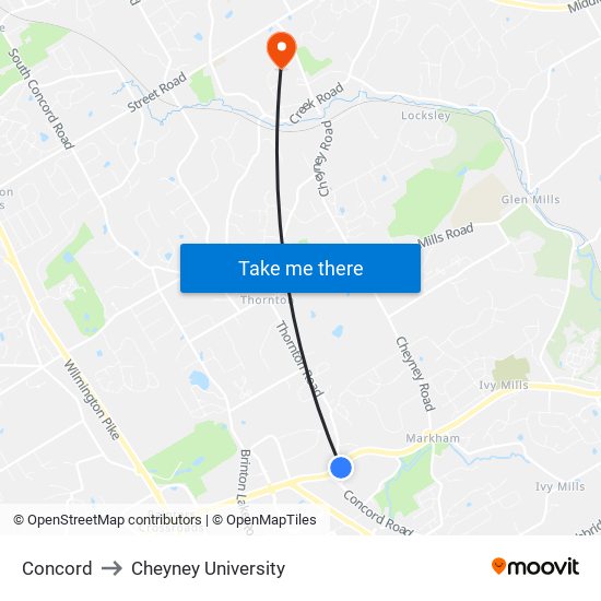 Concord to Cheyney University map