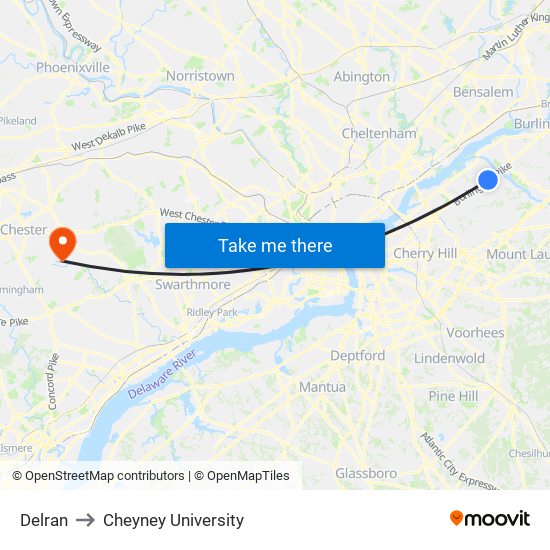 Delran to Cheyney University map