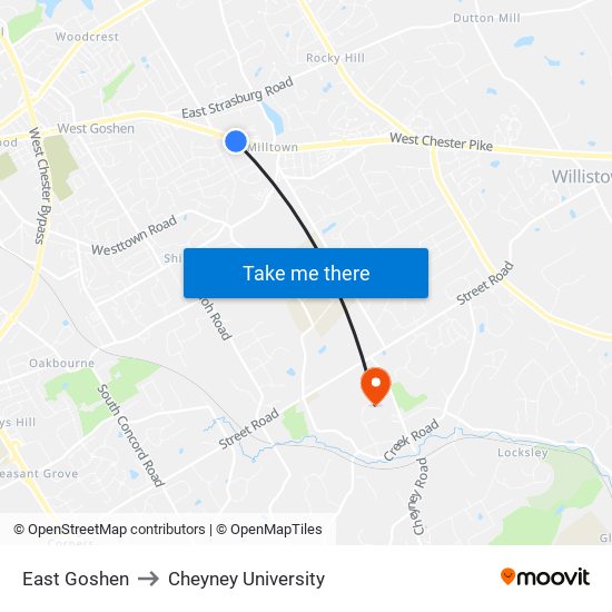 East Goshen to Cheyney University map