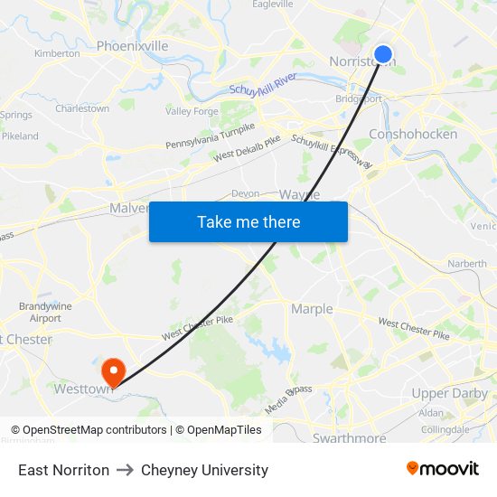 East Norriton to Cheyney University map