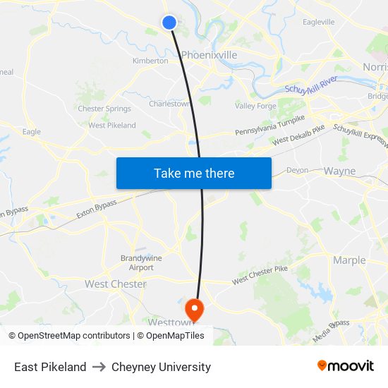 East Pikeland to Cheyney University map