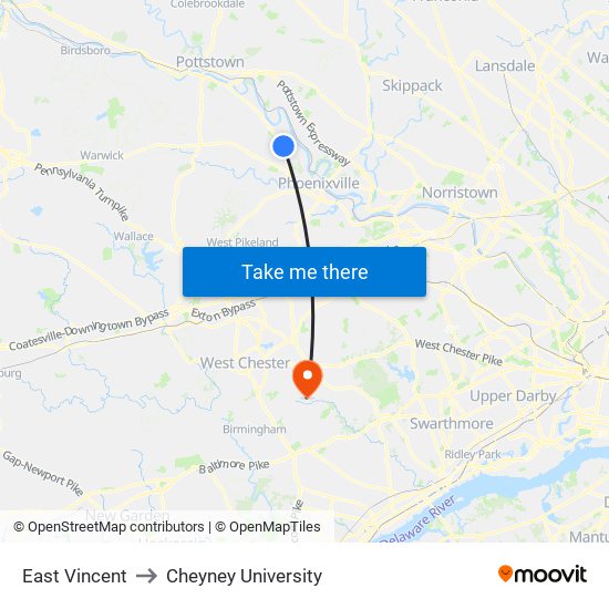 East Vincent to Cheyney University map