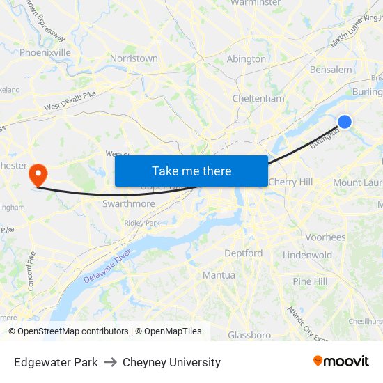 Edgewater Park to Cheyney University map