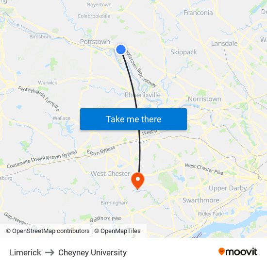 Limerick to Cheyney University map