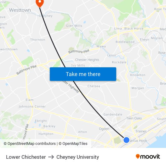 Lower Chichester to Cheyney University map