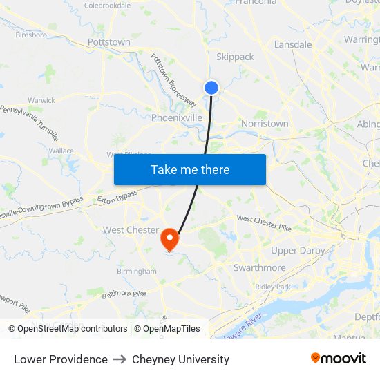 Lower Providence to Cheyney University map