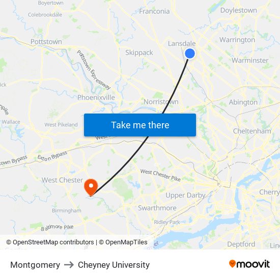 Montgomery to Cheyney University map