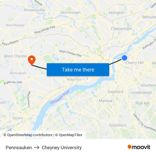 Pennsauken to Cheyney University map