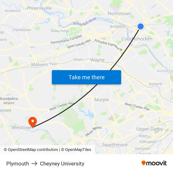 Plymouth to Cheyney University map