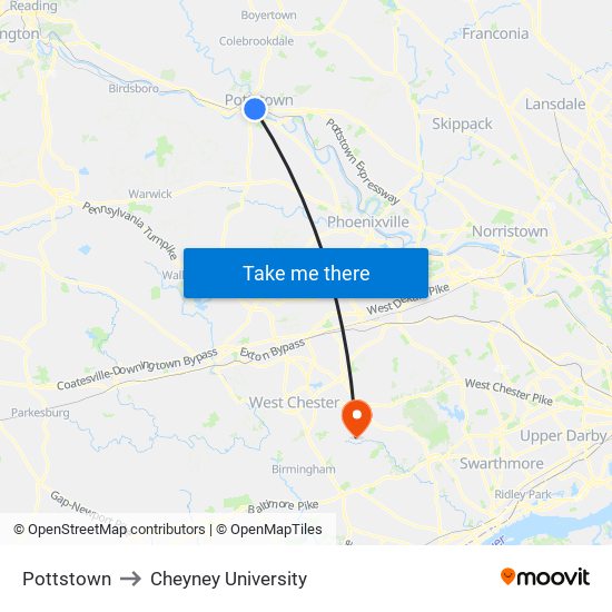 Pottstown to Cheyney University map