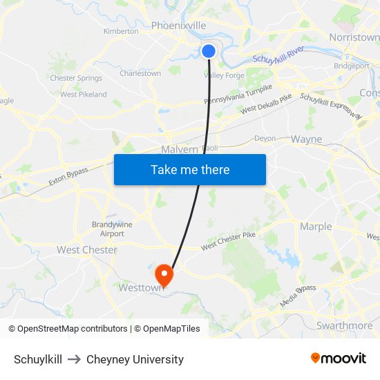 Schuylkill to Cheyney University map