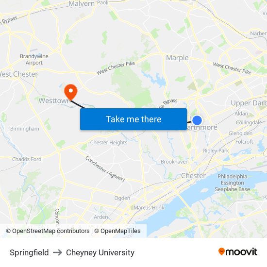 Springfield to Cheyney University map