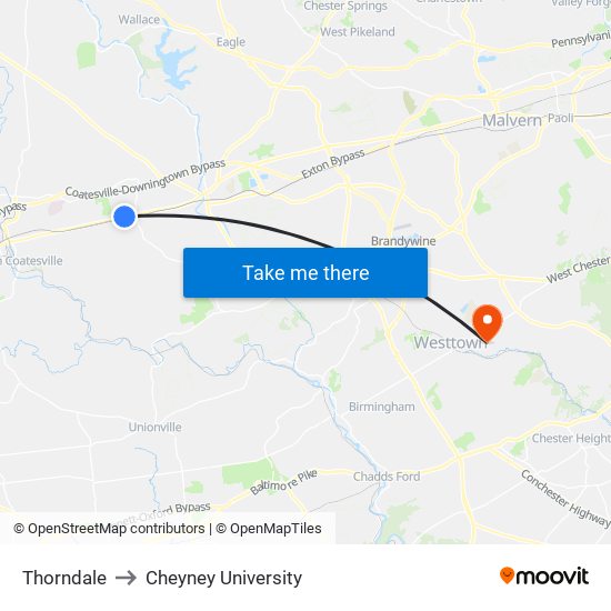 Thorndale to Cheyney University map