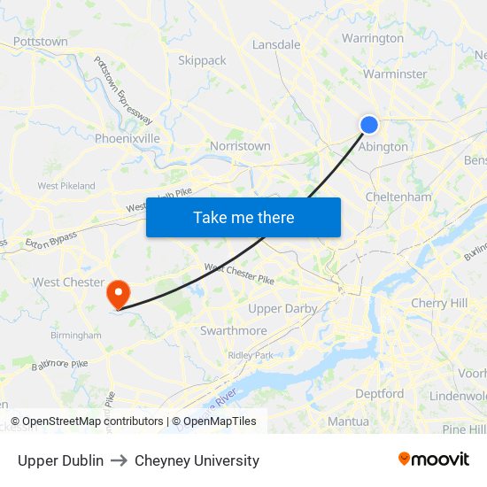 Upper Dublin to Cheyney University map