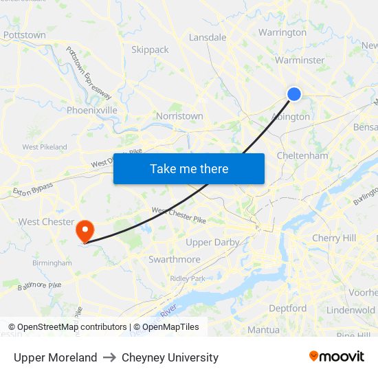 Upper Moreland to Cheyney University map