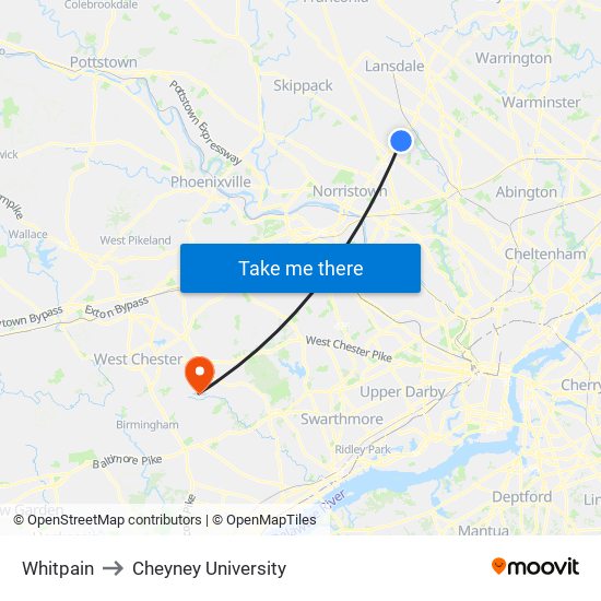 Whitpain to Cheyney University map