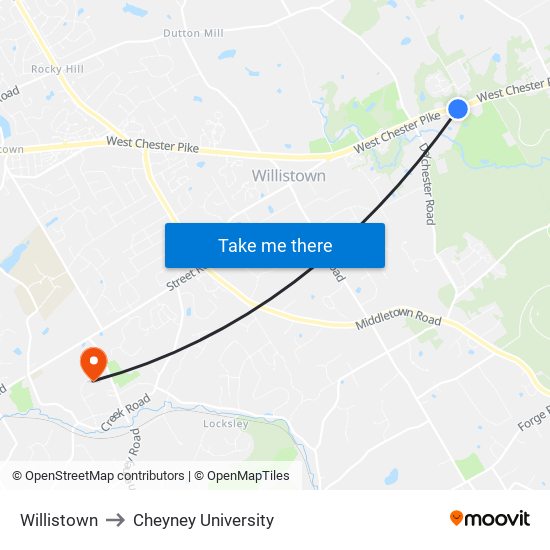 Willistown to Cheyney University map