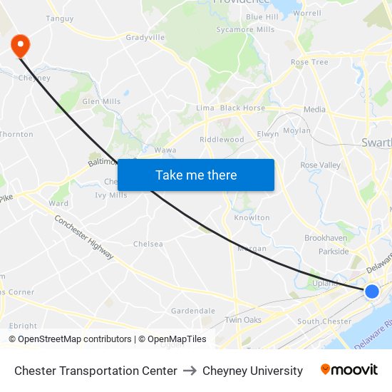 Chester Transportation Center to Cheyney University map