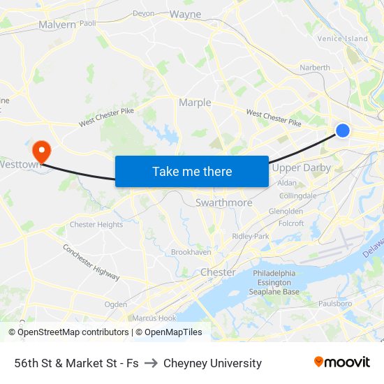 56th St & Market St - Fs to Cheyney University map