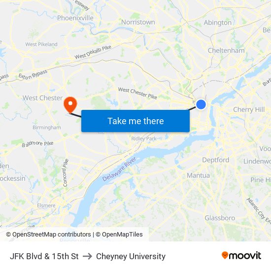 JFK Blvd & 15th St to Cheyney University map