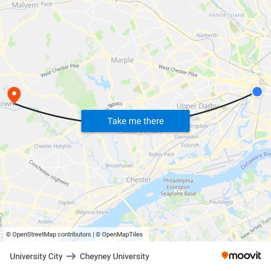 University City to Cheyney University map