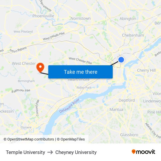 Temple University to Cheyney University map