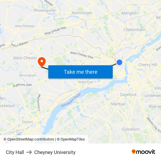 City Hall to Cheyney University map