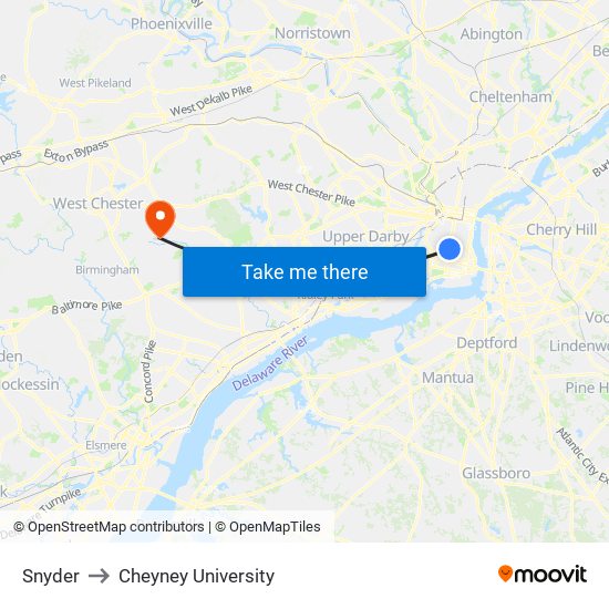 Snyder to Cheyney University map