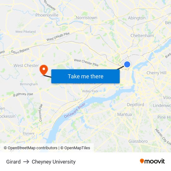 Girard to Cheyney University map