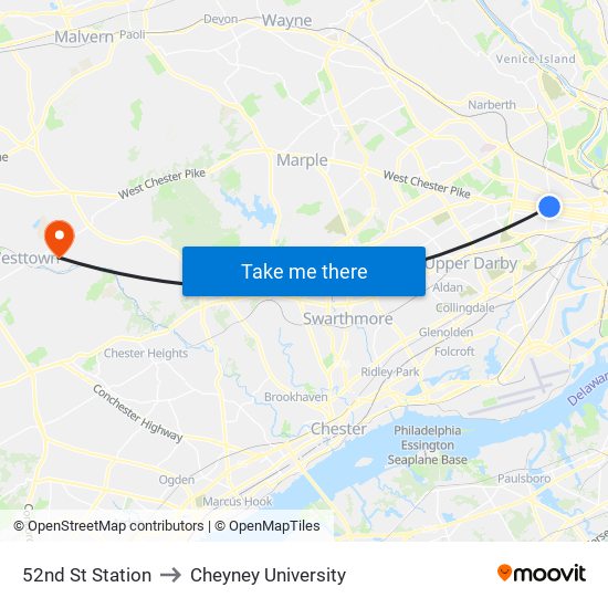 52nd St Station to Cheyney University map