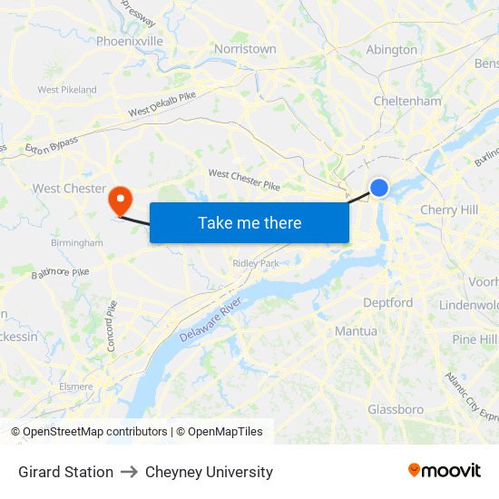 Girard Station to Cheyney University map