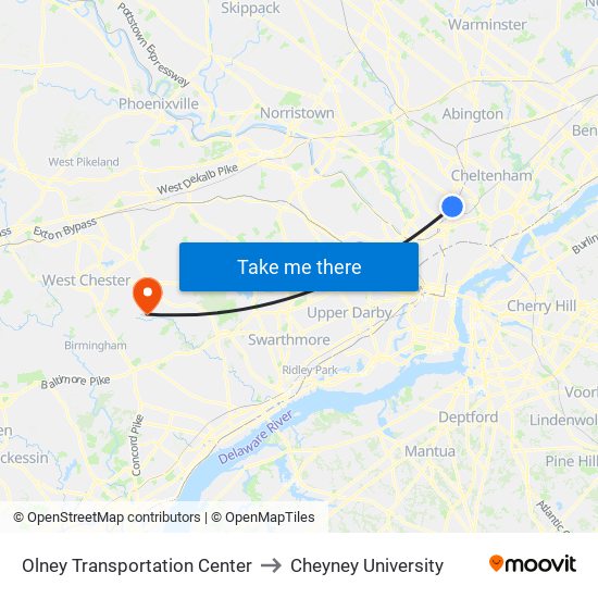 Olney Transportation Center to Cheyney University map