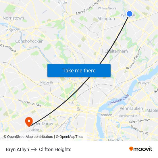 Bryn Athyn to Clifton Heights map