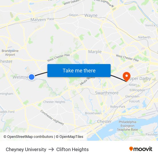 Cheyney University to Clifton Heights map
