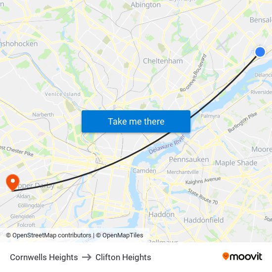 Cornwells Heights to Clifton Heights map