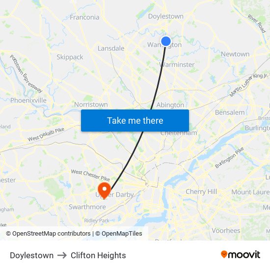 Doylestown to Clifton Heights map