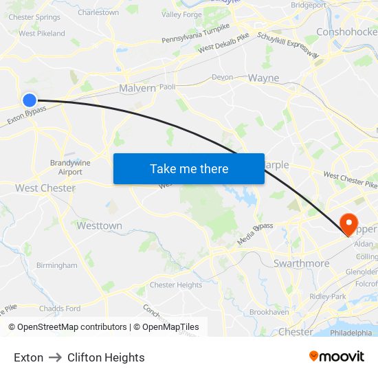 Exton to Clifton Heights map