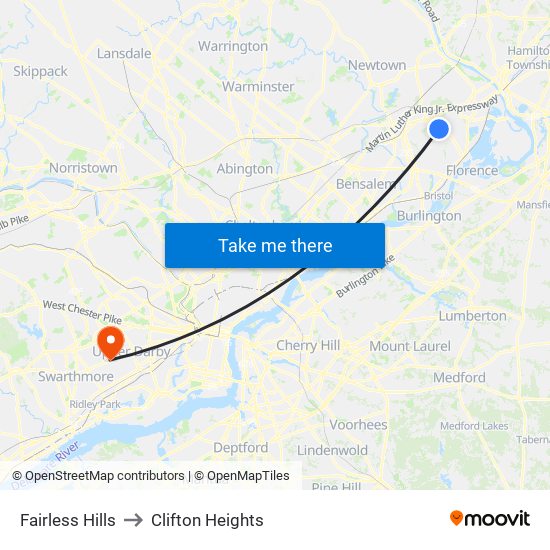 Fairless Hills to Clifton Heights map