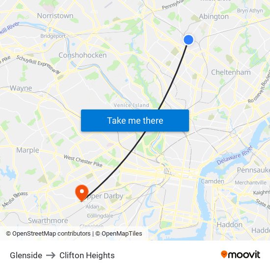 Glenside to Clifton Heights map