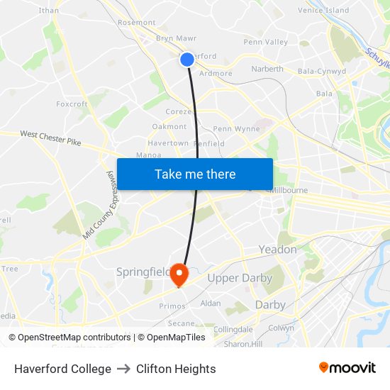 Haverford College to Clifton Heights map