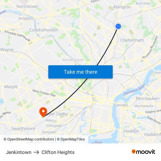 Jenkintown to Clifton Heights map