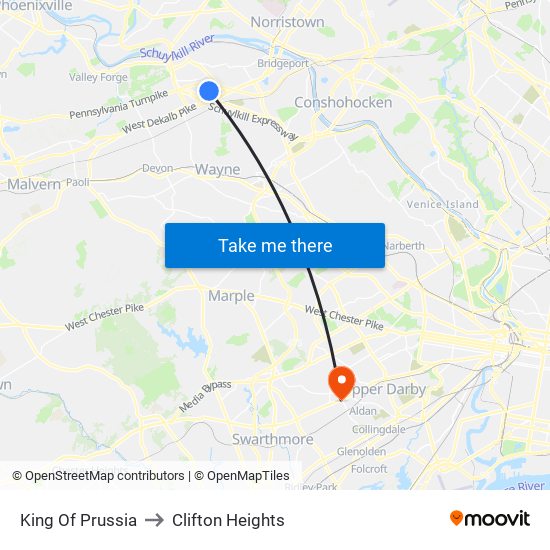 King Of Prussia to Clifton Heights map